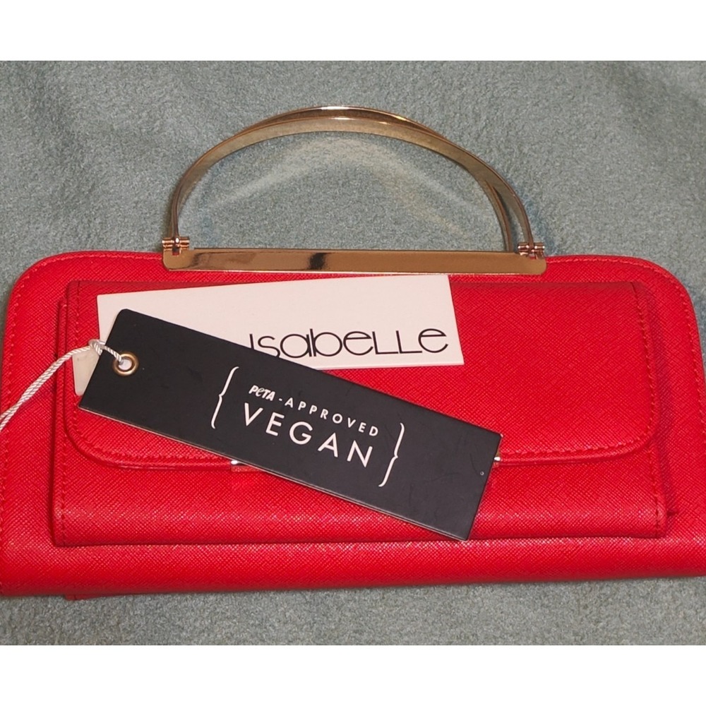 Isabelle Red Vegan Wallet Clutch Purse Gold Tone Handle Zip Around Wristlet